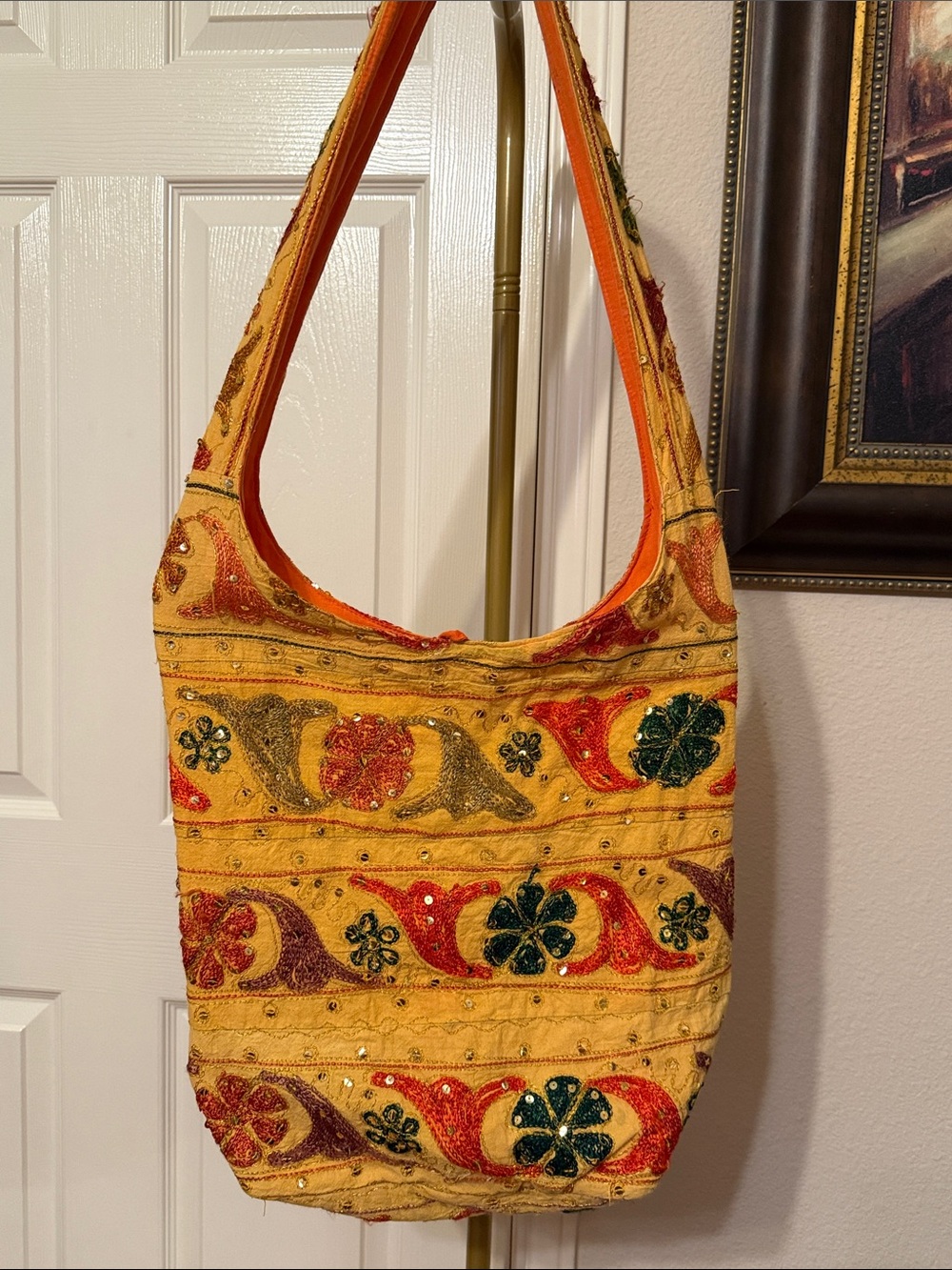 Embroidered Yellow Boho Shoulder Bag with Sequin Accents
